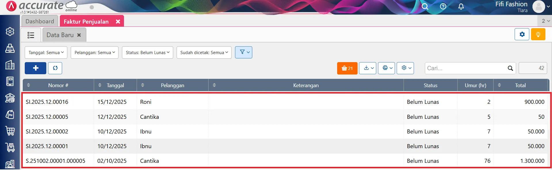 Kolom Umur (hr) di Daftar Faktur Penjualan
